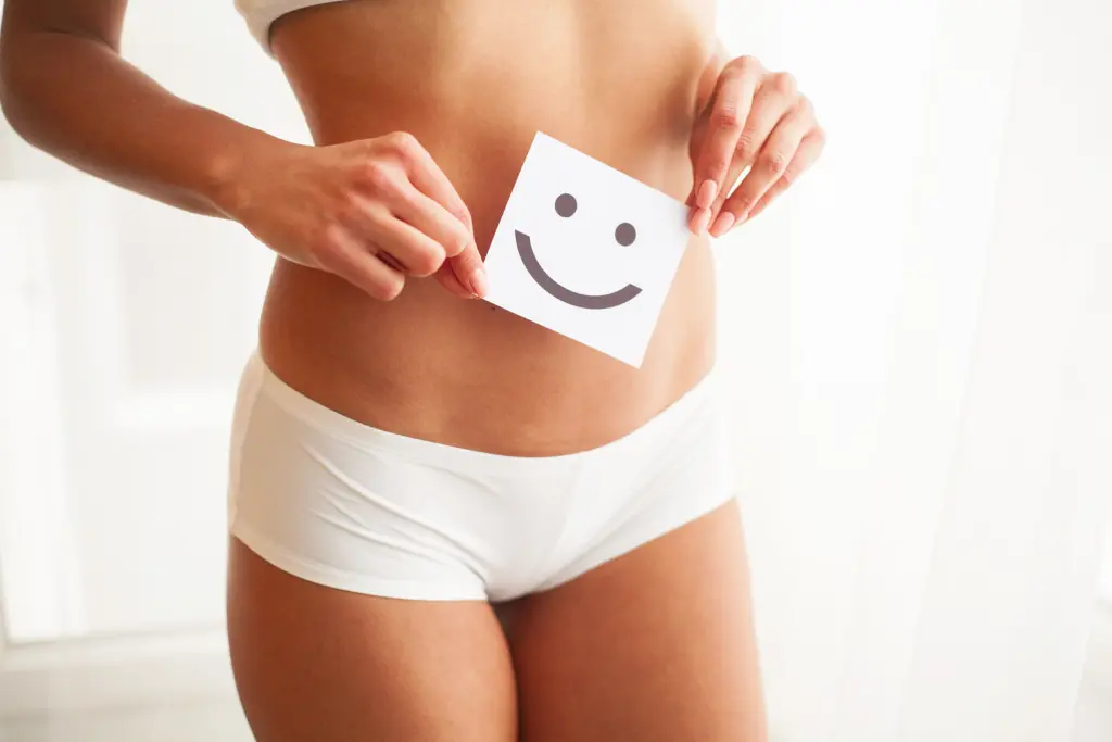 Women Health. Beautiful Female Body In Panties With Smile Card.